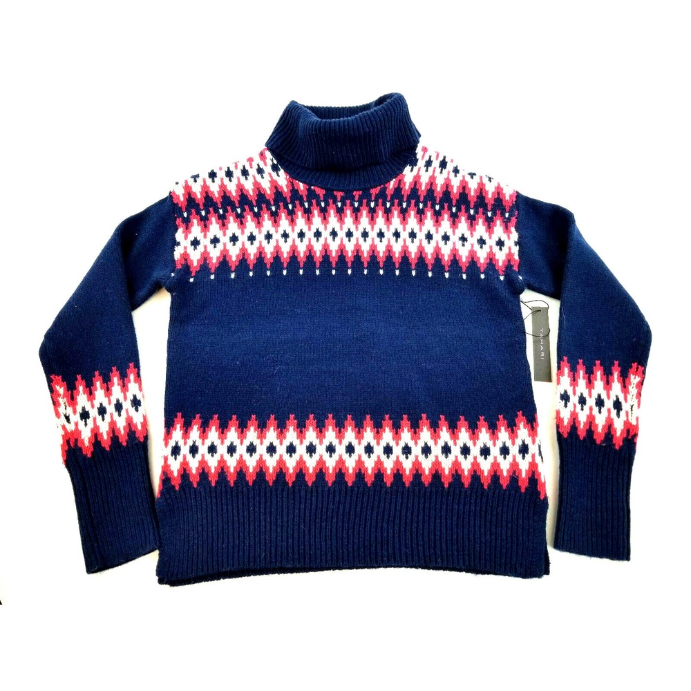 Tahari Women Turtleneck Sweater Blue Red White Fair Isle Wool Blend Small NEW
